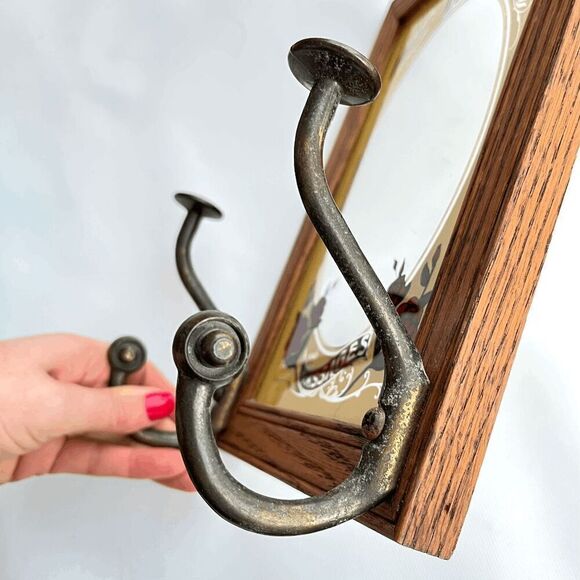 Vintage 1991 Hensley Wood-Framed Barbershop Mirror w/ Hooks, Rose Design - Picture 4 of 11